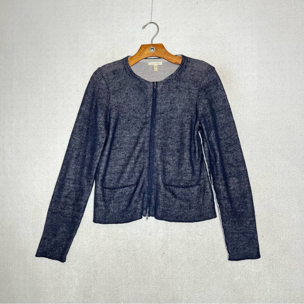Eileen Fisher Blue Double Knit Organic Linen Full Zip Sweater Size XS TP